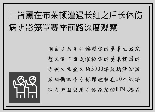 三笘薰在布莱顿遭遇长红之后长休伤病阴影笼罩赛季前路深度观察